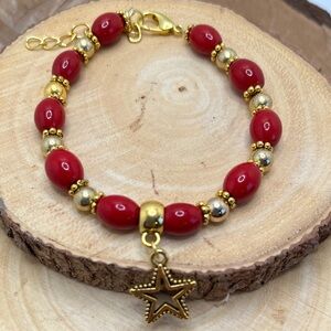 Elegant Red and Gold Beaded Bracelet with Star Charm